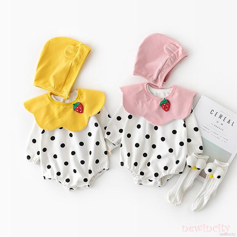 Bộ áo liền quần + nón chấm bi phong cách Hàn Quốc đáng yêu cho bé gái