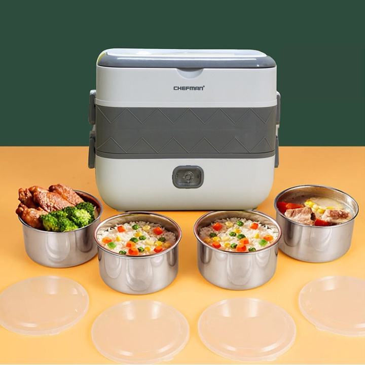 Hộp Cơm Văn Phòng Cắm Điện Chefman Hâm Nóng Và Nấu Chính Thức Ăn 2 Tầng 4 Ngăn Inox Cao Cấp
