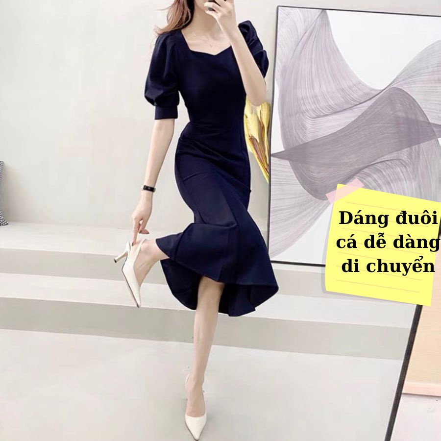 Đầm công sở trẻ trung váy tay ngắn đầm dự tiệc đuôi cá sang trọng NER N150 màu xanh than và đỏ đô sáng da hàng thết kế