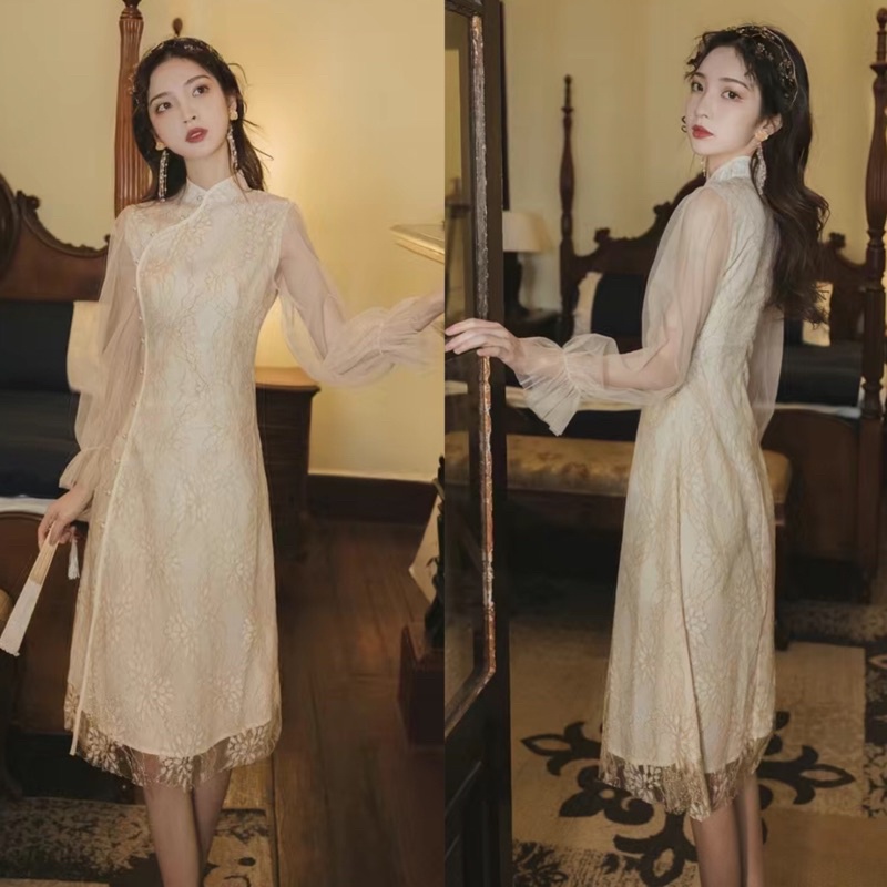 Sườn xám cách tân🌸 phối ren hoa xẻ tà dáng váy dài quảng châu