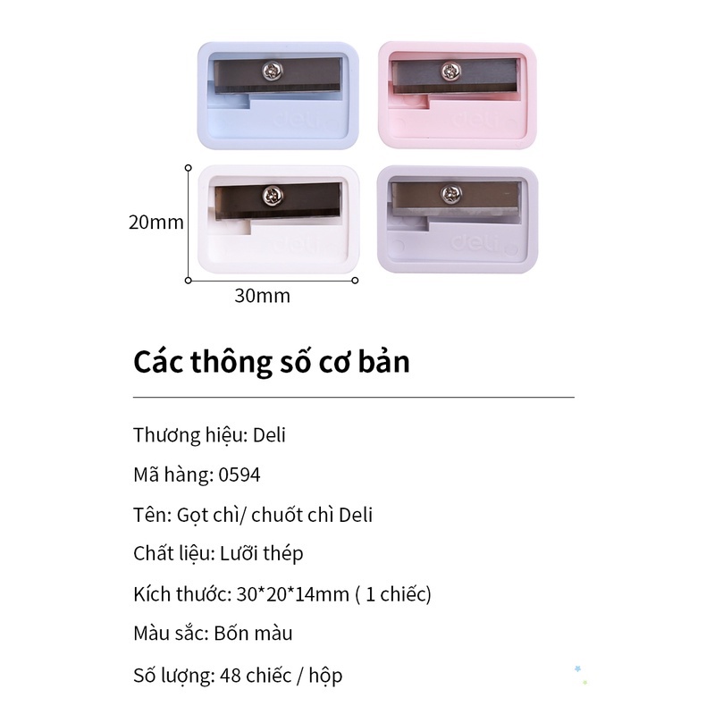 Gọt bút chì mini Deli - Hồng, Cam, Xanh dương, Xanh lá - 4 cái màu ngẫu nhiên - E0594