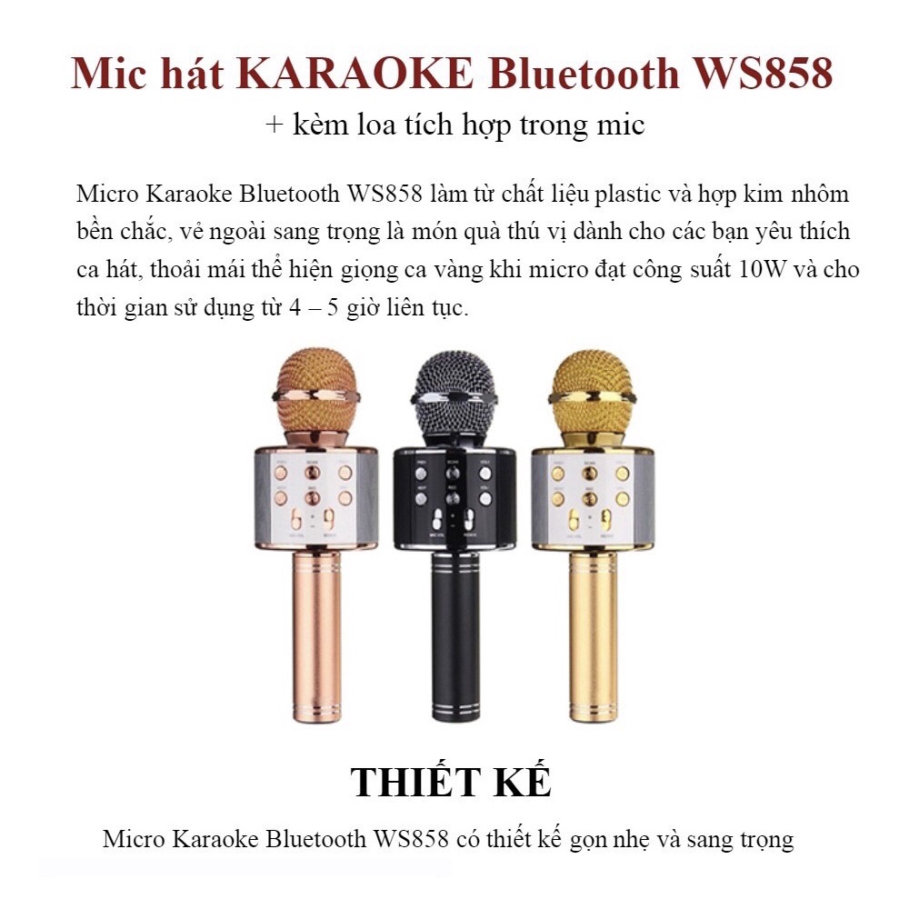 Micro karaoke Không Dây Tiện Dụng Chất Lượng Cao WS-858 kết nối BluetootH