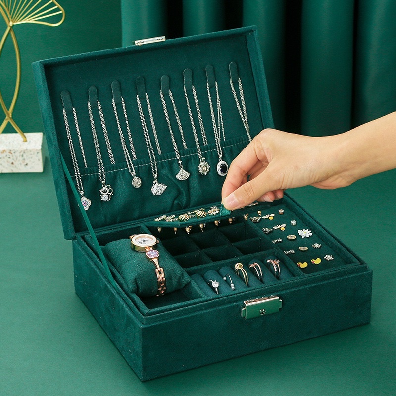 Hộp đựng trang sức 2 tầng bọc Nhung - Hộp đựng nữ trang có ngăn để Đồng hồ