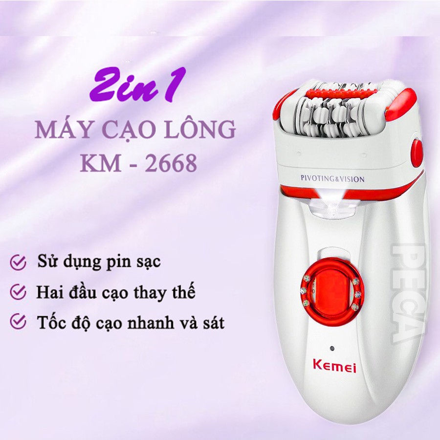 Máy tẩy lông đa năng 2in1 Kemei-2668 chuyên dùng cạo, nhổ tỉa lông toàn thân sử dụng pin sạc tiện lợi (Màu tím và đỏ)