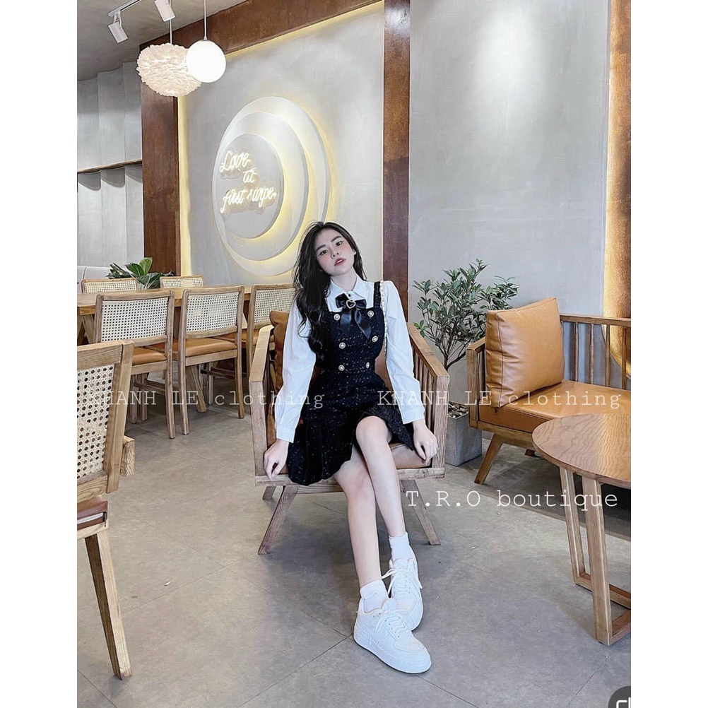 Sset yếm dạ_Váy dạ tweed, phối sơ mi kèm tag nơ