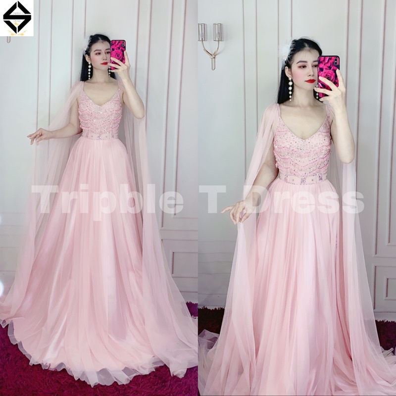 Đầm maxi dạ hội lưới choàng vai kết cườm sang trọng TRIPBLE T DRESS - size M/L (kèm ảnh/video thật) MS315V