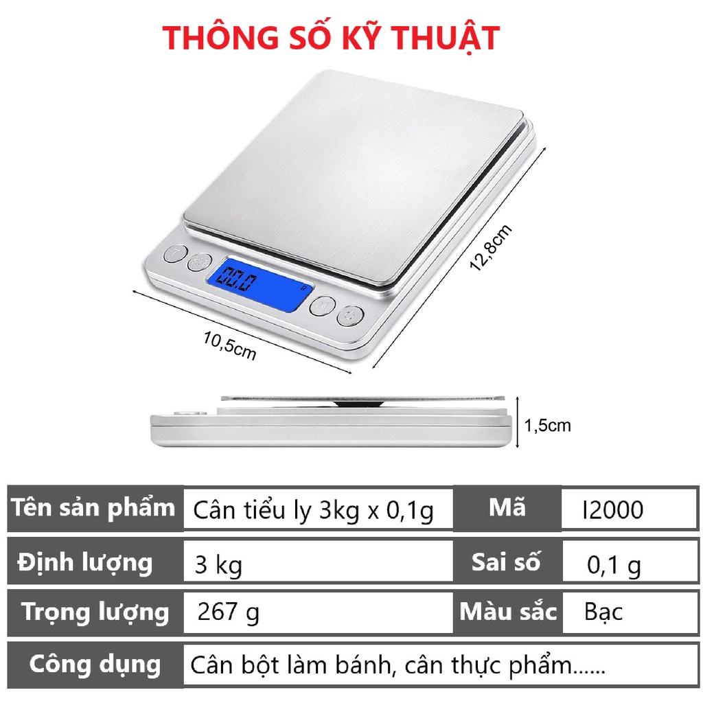 Cân tiểu ly mini điện tử nhà bếp làm bánh Cân tiểu li I2000 3kg x 0,1g Nhỏ Gọn Siêu Chính Xác Thép Không Gỉ Màn LCD