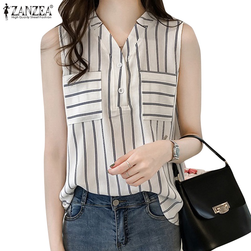 Áo nữ ZANZEA không tay cổ chữ V họa tiết sọc thời trang cá tính