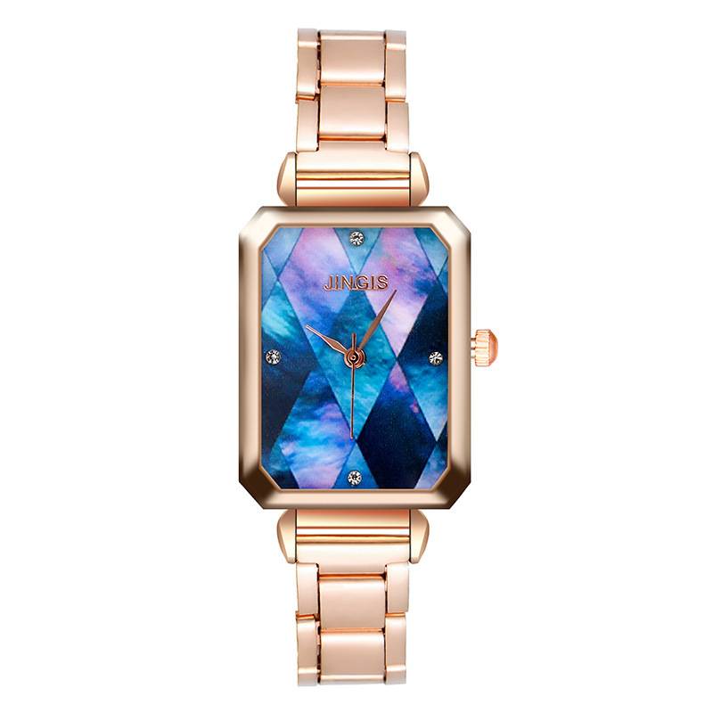 Đồng hồ mới xu hướng thời trang vuông hai màu gương thạch anh hoa hồng vàng bằng thép không gỉ với đồng hồ khoan