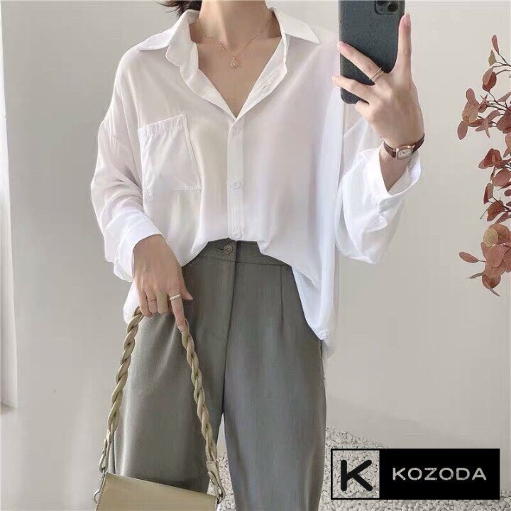 Áo Sơ Mi Trơn Form Rộng Có Túi Tay Dài