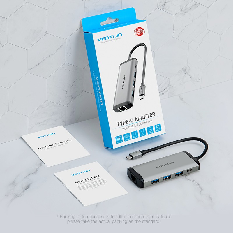 Type C - Cáp chuyển USB Type-C to HDMI + USB 3.0*3 + LAN + SD + TF + AV + PD (87w) Vention