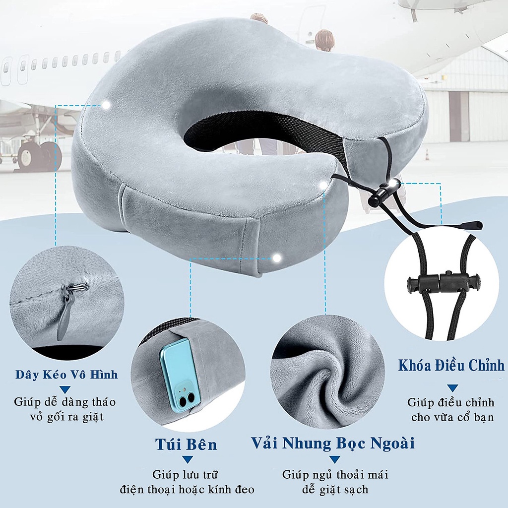 [Màu Xám Nhạt] Gối Ngủ Văn Phòng Du Lịch Chữ U Tặng Kèm Bịt Mắt, Bịt Tai Chống Mỏi Chất Liệu Memory Foam - Hãng dododios
