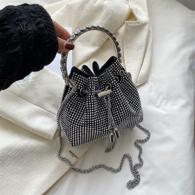 Túi đeo chéo AHA official hình xô nhỏ đính kim cương giả có dây rút phong cách Pháp thời trang cho nữ