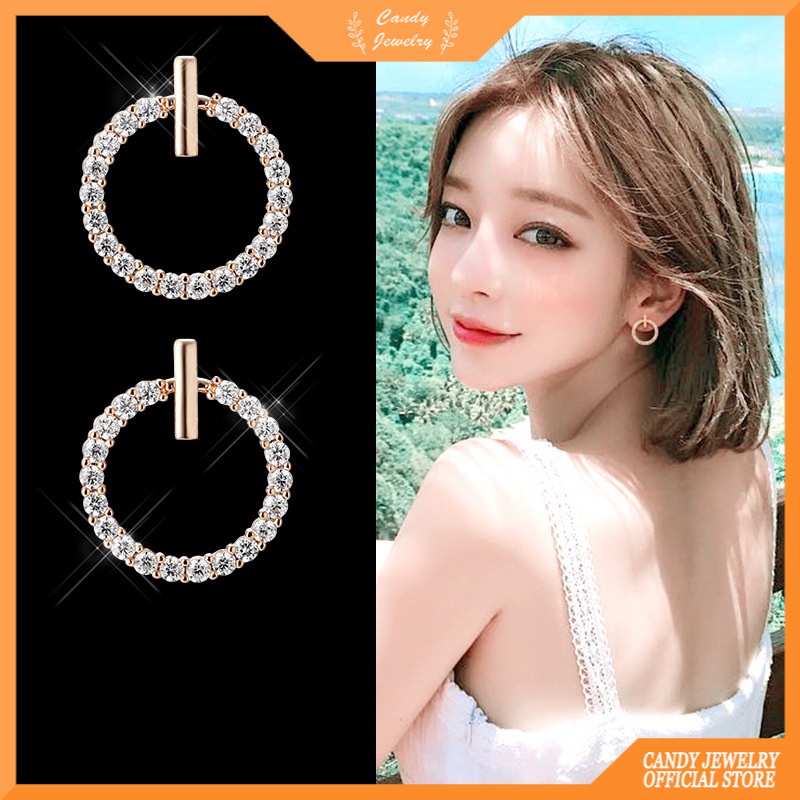 Khuyên tai đinh tán chốt bạc 925 không gây kích ứng hình tròn đính đá zircon đơn giản thời trang Hàn Quốc