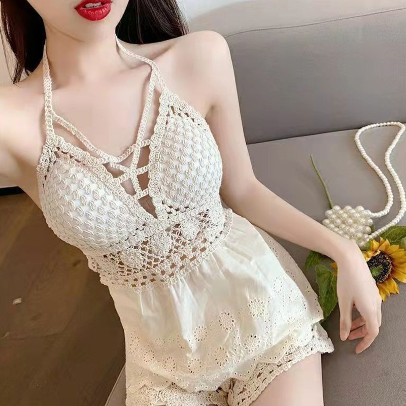 Brroa Áo Lưới Hoa Hai Dây Dệt Kim Khoét Rỗng Gợi Cảm Mùa Hè Cho Nữ
