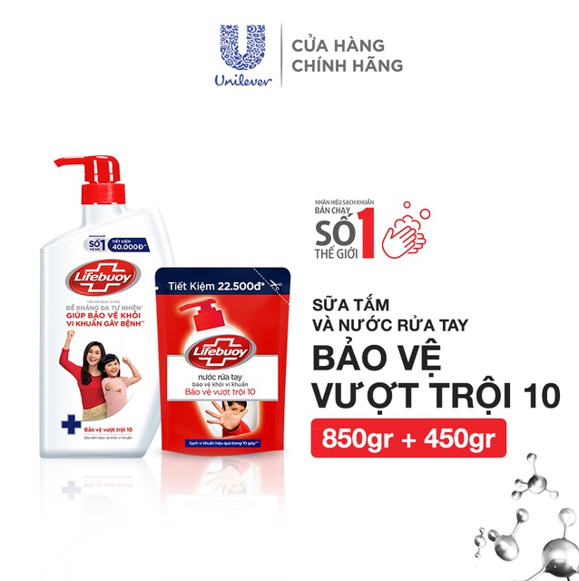 Combo Sữa tắm 850g và Nước rửa tay sạch khuẩn 450g Lifebuoy Bảo Vệ Vượt Trội 10 | BigBuy360 - bigbuy360.vn