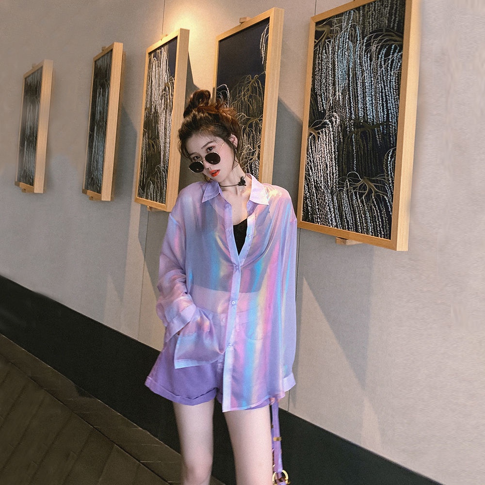 Jiashucheng Quần Short Denim Ống Rộng Lưng Cao Màu Tím Gradient Phong Cách Mới Mùa Hè Cho Nữ