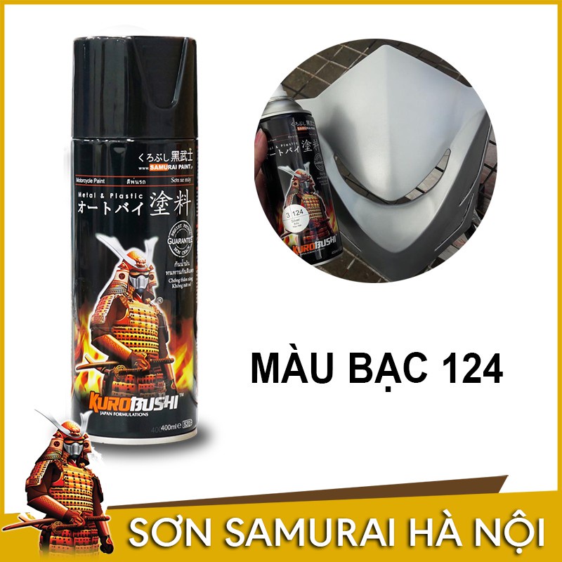 Bộ sản phẩm Chai Sơn xịt Samurai Y155 màu Bạc Pha Lê và Sơn nền Bạc 3/124