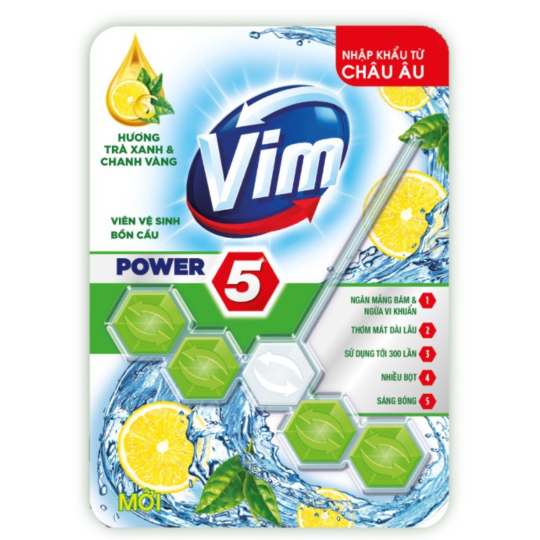 Viên Tẩy Bồn Cầu Vim Power 5 Hương Trà Xanh Chanh Vàng 55G Sạch Khuẩn Thơm Mát