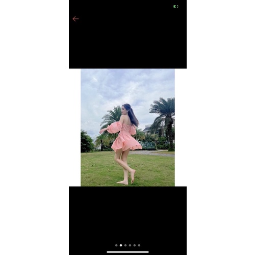 Đầm hai dây tay phồng phối voan rớt