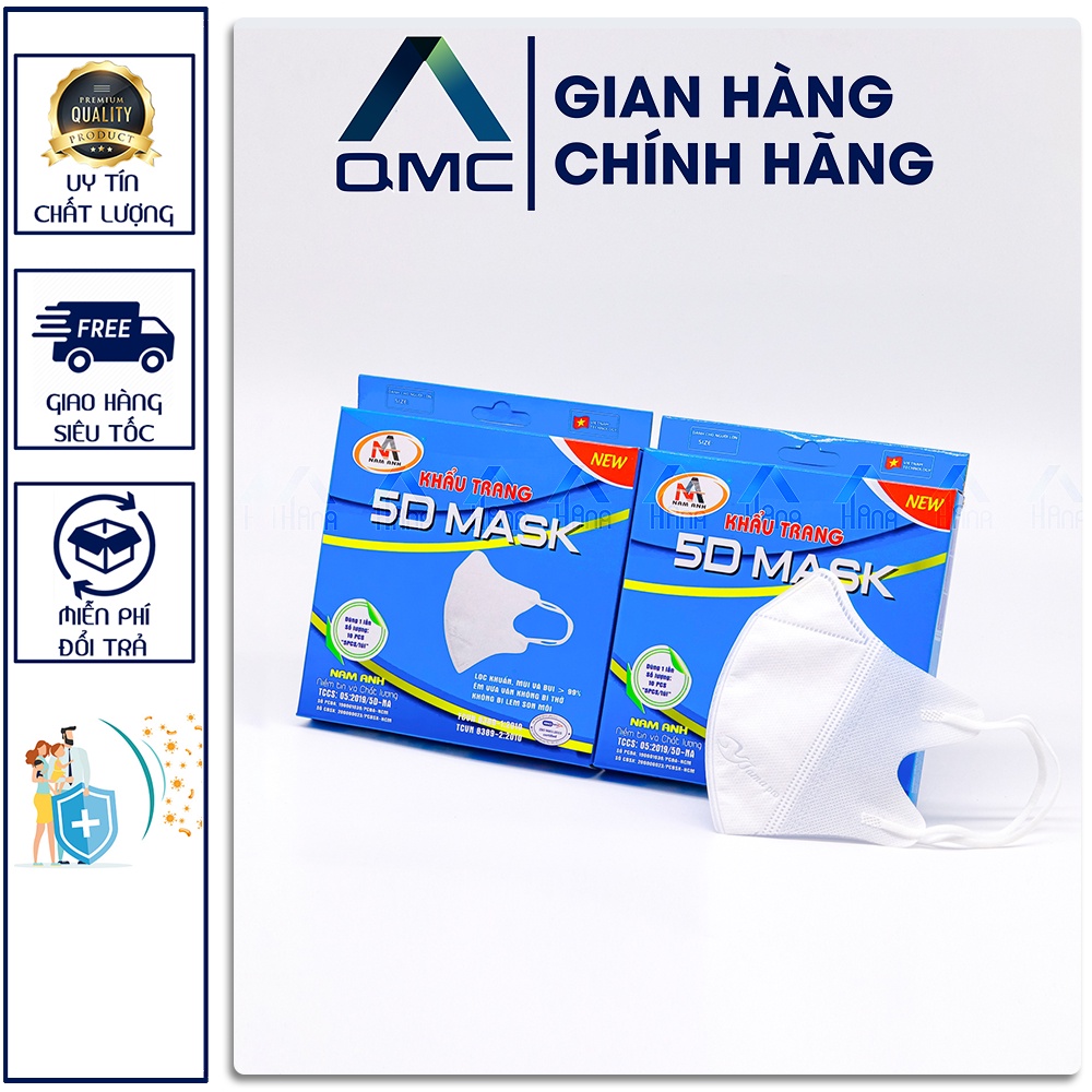 Khẩu trang 5D MASK NAM ANH, màu trắng, hộp 10 chiếc dày 3 lớp , quai thun# QMC