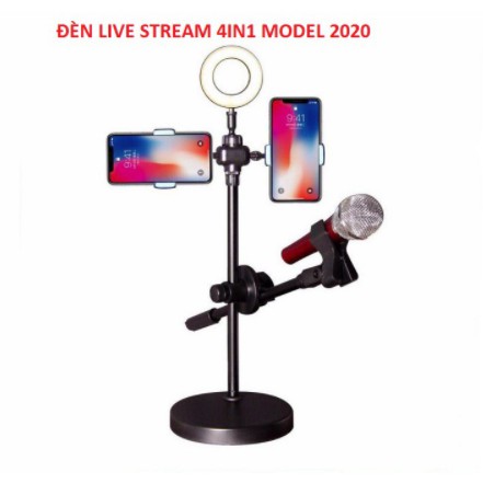 Đèn Live Stream 4in1, Để Bàn Có Chân Đỡ Micro LivesTream Hai Điện Thoại - Bộ Giá Đỡ Điện Thoại Livestream 4in1