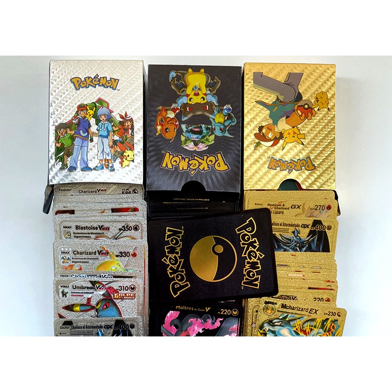 Set 55 / 27 Tấm Thẻ Bài Pokemon Bằng Kim Loại Màu Vàng / Bạc Vmax GX