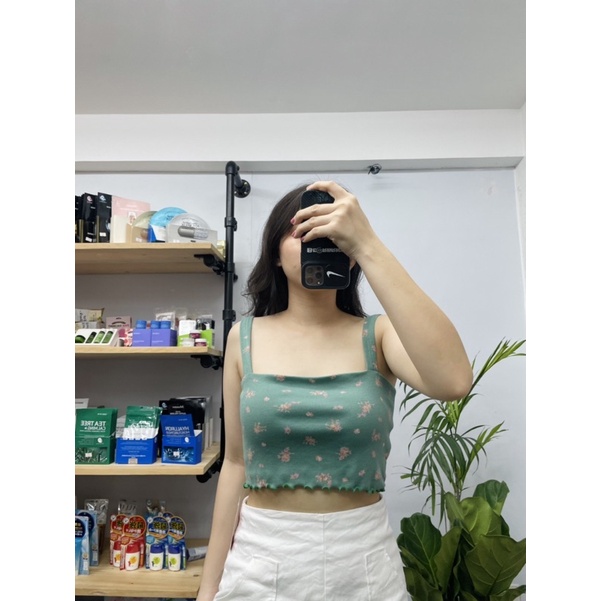 Áo 2 dây cổ vuông ôm body xanh 2 lớp màu rêu
