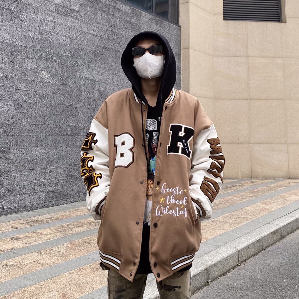 Áo Khoác Bomber Cardigan Họa Tiết In BK Varsity Form Rộng Nam Nữ Unisex Phong Cách Thu Đông Ulzzang