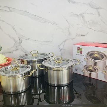 Bộ Nồi 3 Món Misu Louis Chất Liệu Inox Đáy 3 Lớp Cao Cấp Cho Cả Bếp Từ Bếp Điện Kèm Nắp Thủy Tinh