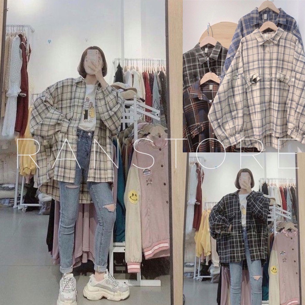 (Mẫu mới) Áo khoác nhẹ sơ mi kẻ tay bồng phom rộng unisex/ Áo chống nắng dài tay oversize trẻ trung năng động_ranstore