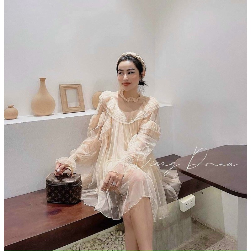 Đầm nude form babydoll suông phối tay dài lưới ren 2 lớp có lót trong dày dặn