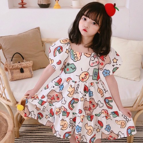 Korean children's clothing 2021 summer new girl cute cartoon graffiti princess dress female treasure sweet  princess dress kids fashion