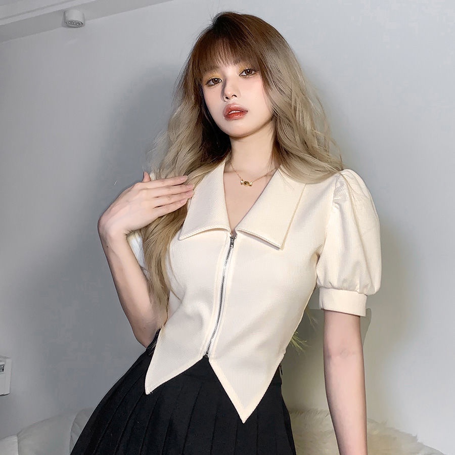 Áo croptop Ngắn Tay Cổ Vuông Phối Khóa Kéo Thiết Kế Bất Đối Xứng Thời Trang Cá Tính