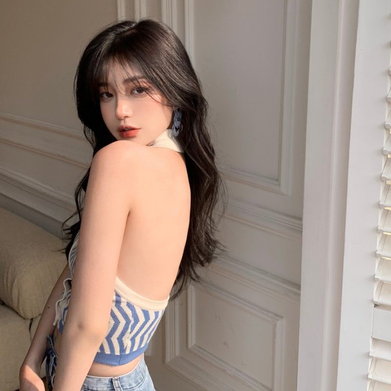 Áo dệt kim không tay họa tiết sọc phong cách retro Hàn Quốc