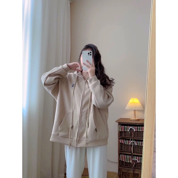 Áo khoác khoá zip có nón oversize thu đông 2023