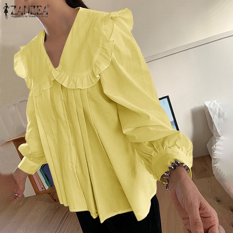 Áo sơ min ZANZEA màu trơn cổ bẻ màu trơn tay áo phồng thiết kế xếp ly thời trang đi tiệc cho nữ