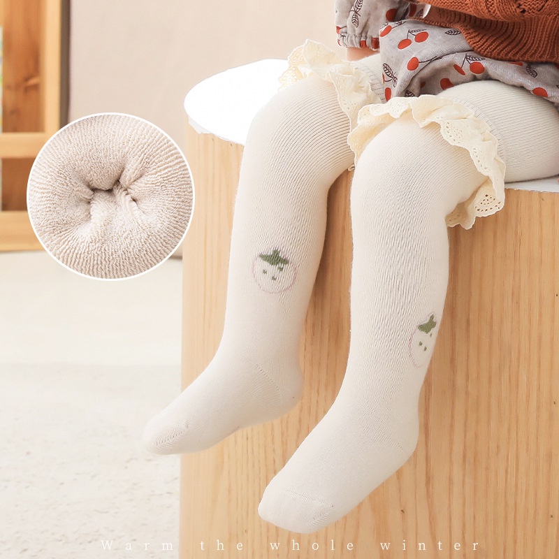 Vớ cotton mềm dài đến đầu gối phối bèo in họa tiết dâu tây phối ren thời trang mùa đông cho bé gái