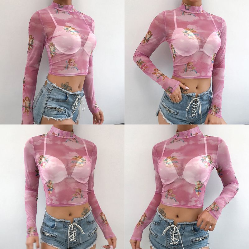 Áo Thun Crop Top Tay Dài Cổ Cao Xuyên Thấu 10MK In Hình Thiên Thần Tình Yêu Màu Sắc Ngọt Ngào Lãng Mạn Cho Nữ Gif