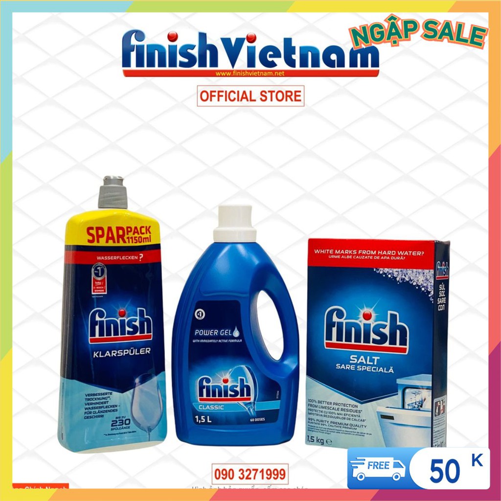 Combo - Gel rửa bát Finish Classic 1.5 + Muối làm mềm nước 1.5kg + Nước làm bóng 1150ml