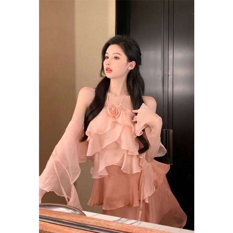 Đầm Hai Dây Nhún Bèo Màu Hồng Phong Cách Pháp Thanh Lịch Cho Nữ