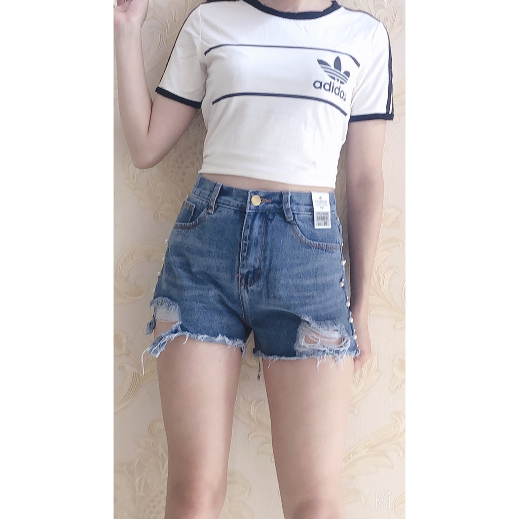 Quần short jean nữ rách kết hạt 2 bên