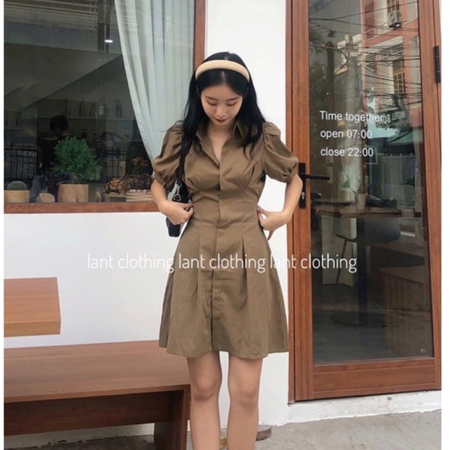 Váy sơ mi chun sau tay bồng giấu cúc xinh/váy tay thuơng