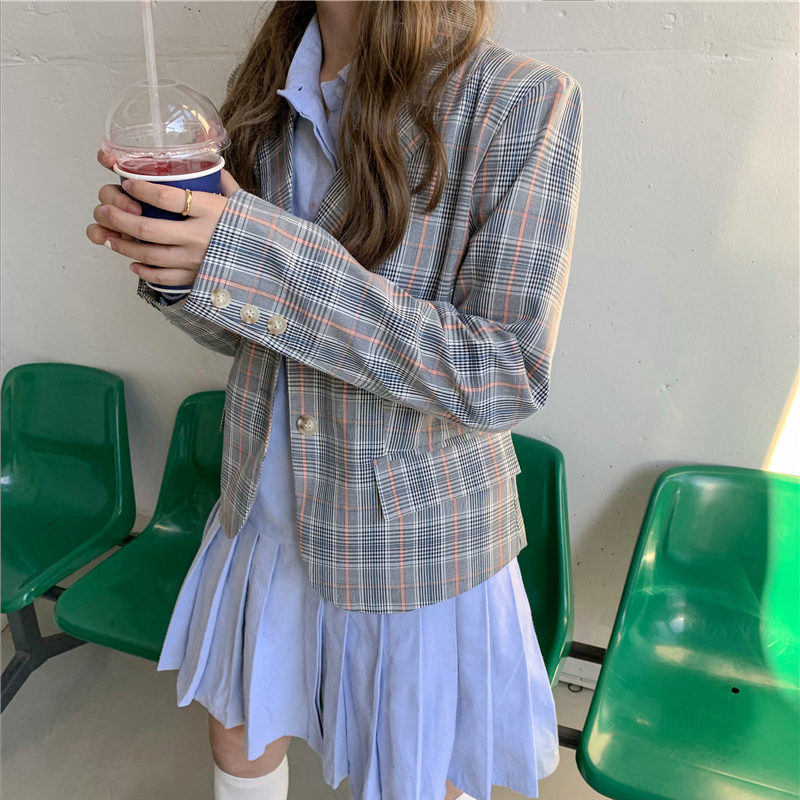 Set Đầm Sơ Mi Tay Dài Xếp Ly + Áo Khoác Blazer Dáng Rộng Kẻ Sọc Ca Rô 41823 | BigBuy360 - bigbuy360.vn