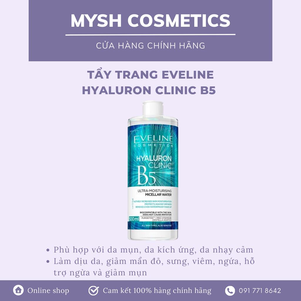 Nước Tẩy Trang Eveline Hyaluron Clinic B5 Bổ Sung Tinh Chất Rau Má Làm Sạch Dịu Nhẹ Trên Da 500Ml