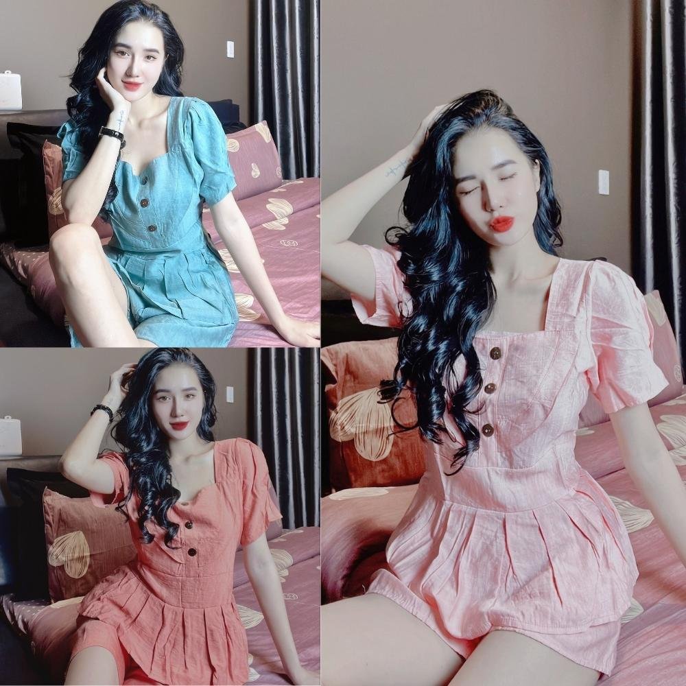 Sét Bộ Đũi Thái Mặc Đi Choi Cổ Vuông Áo Xếp Ly Mềm Mịn Thoáng