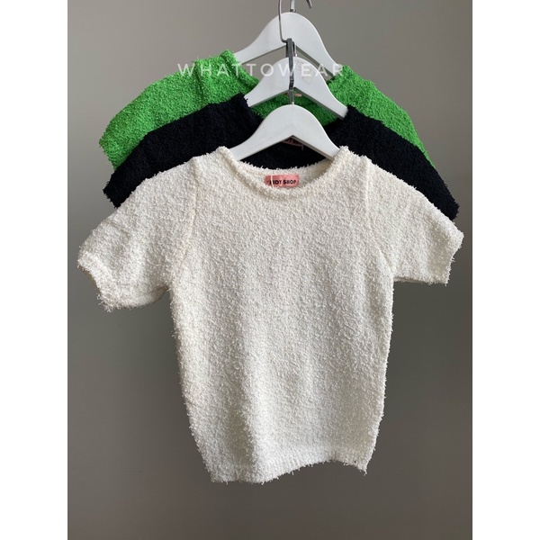 Áo croptop len lông cừu cổ tròn tay ngắn basic hàn quốc
