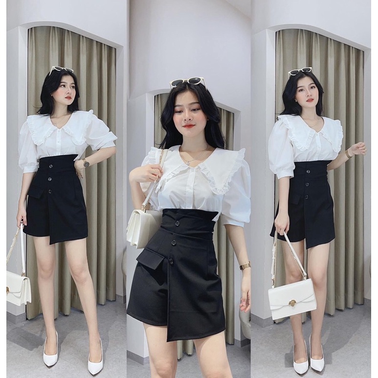 set bộ áo sơ mi cổ bèo mix quần shorts giả váy freeship