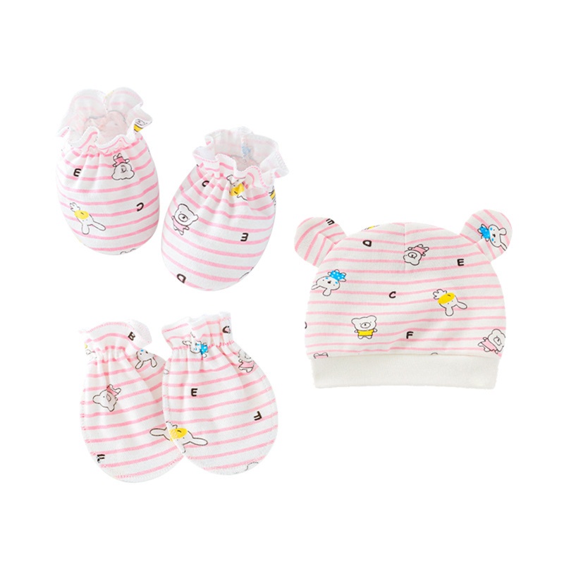 Set 3 Găng Tay + Mũ + Găng Tay Chống Xước Unisex Cho Bé 0-3 Tháng Tuổi