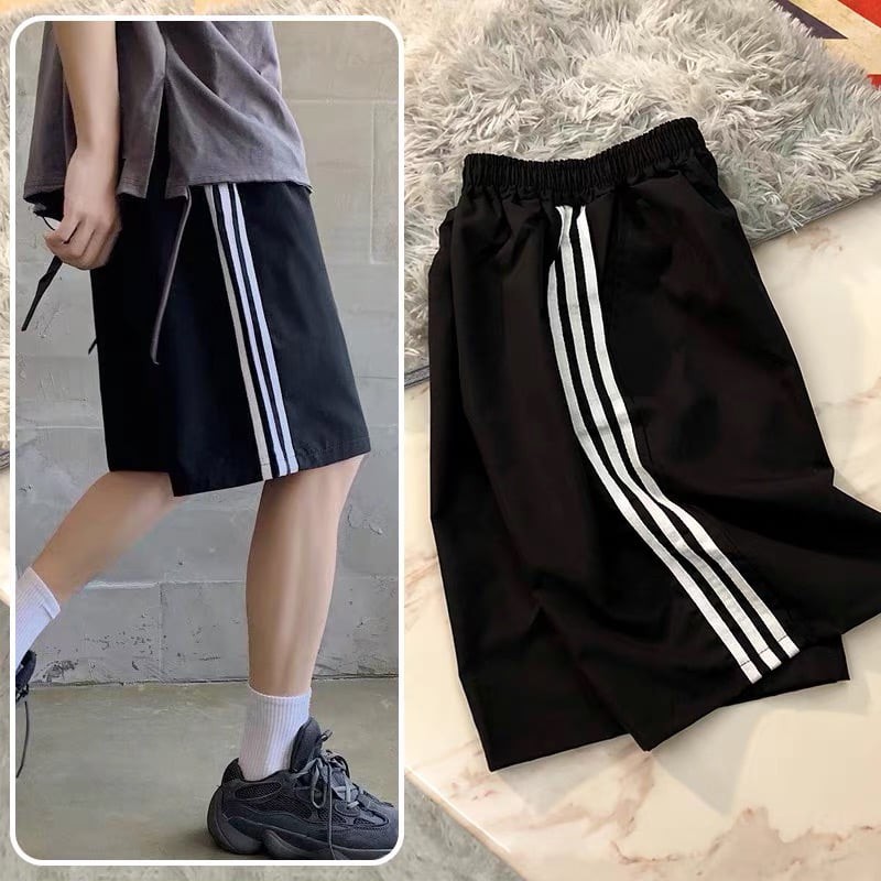 Quần Short thun Nam Nữ Unisex phối 3 sọc Trắng, Đen - Quần đùi lửng ống suông